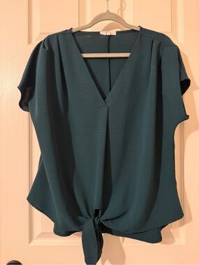Beacon Teal Tie-Front V-Neck Blouse